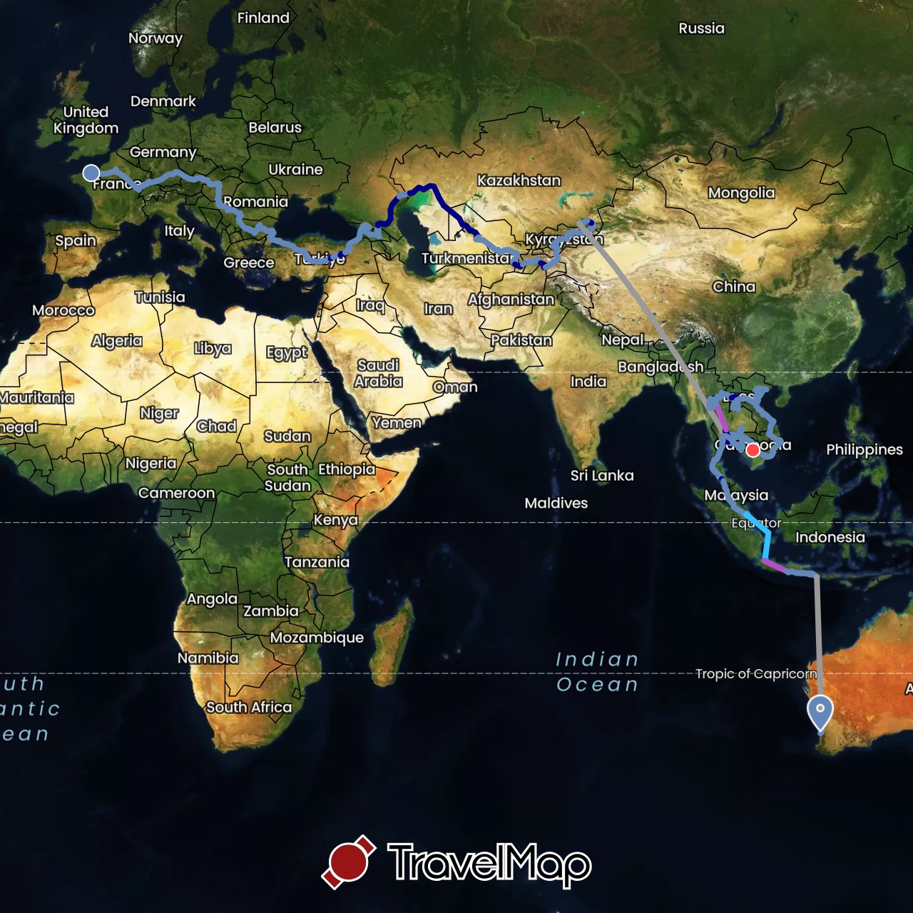 TravelMap itinerary: driving, plane, cycling, train, hiking, boat, motorbike in Austria, Australia, Bulgaria, Germany, France, Georgia, Hungary, Indonesia, Kyrgyzstan, Cambodia, Kazakhstan, Laos, Malaysia, Romania, Serbia, Russia, Singapore, Slovakia, Thailand, Tajikistan, Turkey, Uzbekistan, Vietnam (Asia, Europe, Oceania)