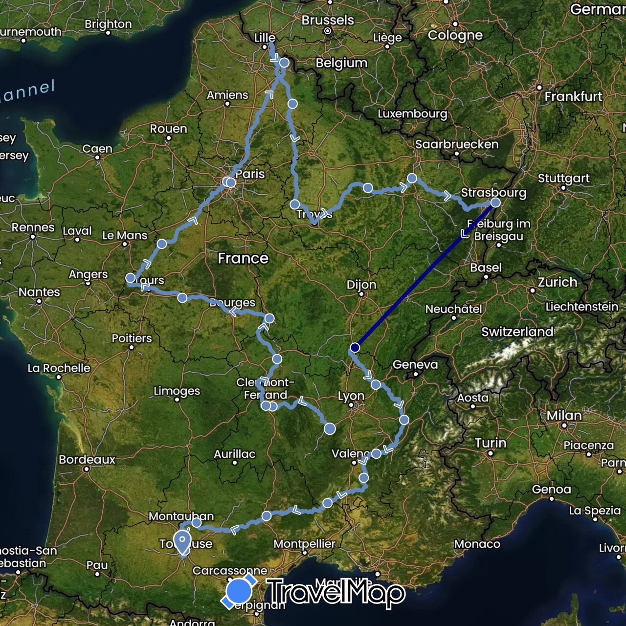 TravelMap itinerary: driving, cycling in France (Europe)
