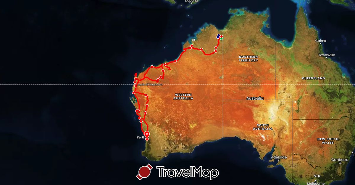 TravelMap itinerary: driving, bus, plane, hiking, suzi bike in Australia (Oceania)