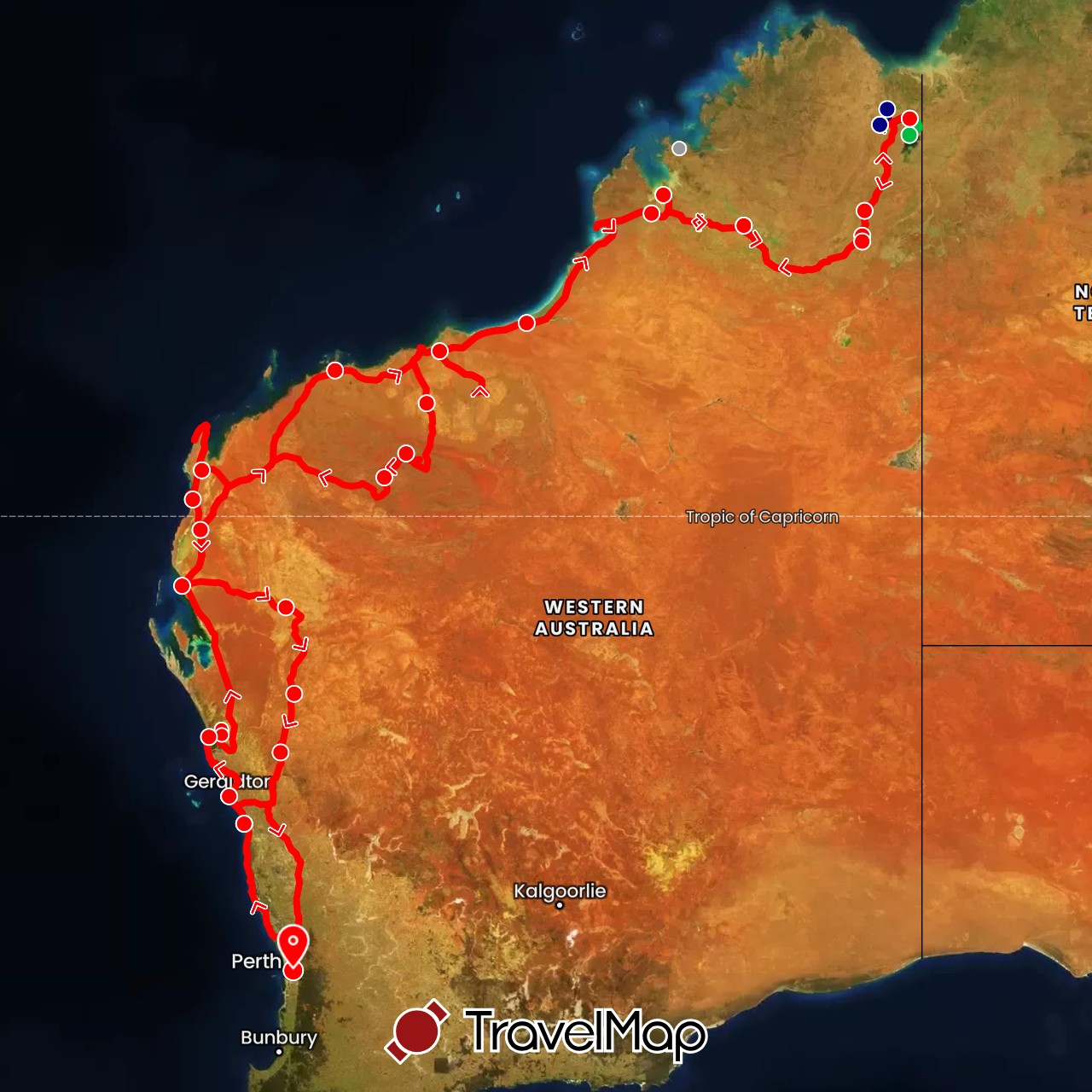 TravelMap itinerary: driving, bus, plane, hiking, suzi bike in Australia (Oceania)